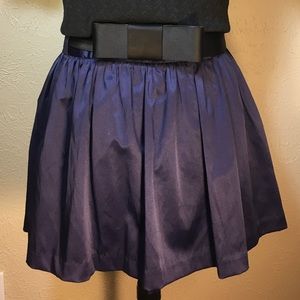 Blue satin mini skater skirt with belt